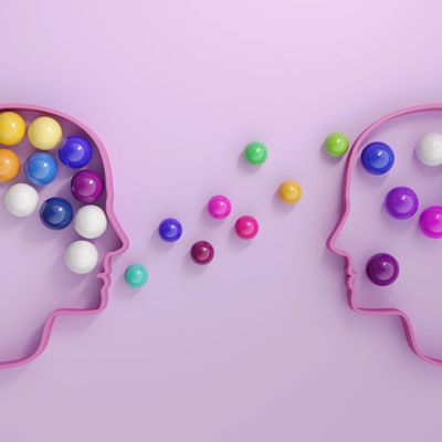 Two head outlines exchanging colorful spheres, symbolizing communication and idea sharing.