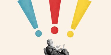 Elderly man with laptop and colorful exclamation marks above him.