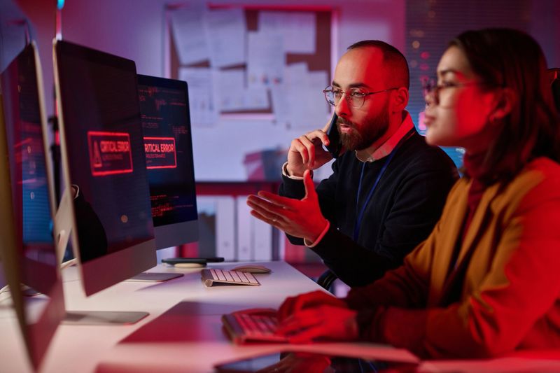 Portrait of agitated cybersecurity team working in emergency mode with critical error message on computer screen