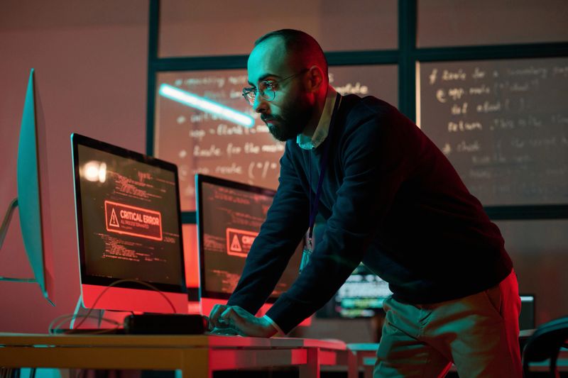 Dramatic portrait of bearded cybersecurity expert preventing emergency and using computer with red critical error message