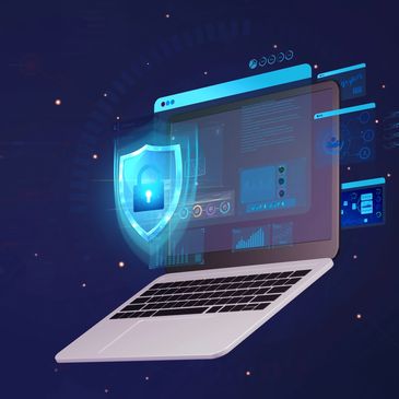 Digital laptop with a holographic shield lock symbolizing cybersecurity and identity verification.