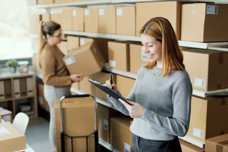 E-commerce employees working in the warehouse, they are moving delivery boxes and checking orders, a woman is writing on a clipboard