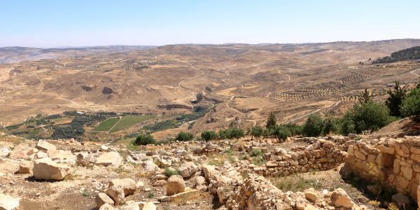 Scenic view of a rocky desert valley with sparse vegetation and ruins.