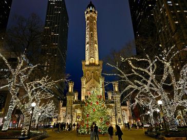 Historic tower and trees decorated with holiday lights at night.