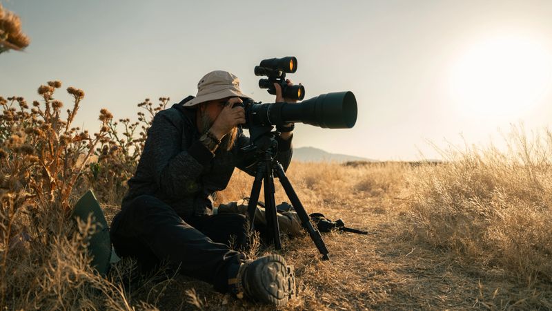 Bird watcher and photographer man taking pictures in nature