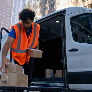 Delivery worker unloading packages from van.