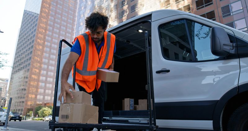 A low angel shot of a young, Indian delivery person stacking boxes on top of a platform truck in downtown Los Angeles.