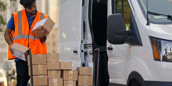 Delivery worker in orange vest handling packages next to a white van.