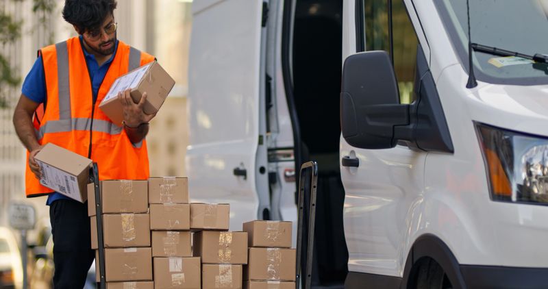 A medium wide shot of a young, Indian delivery person examining boxes in front of a dolly cart next to his van.