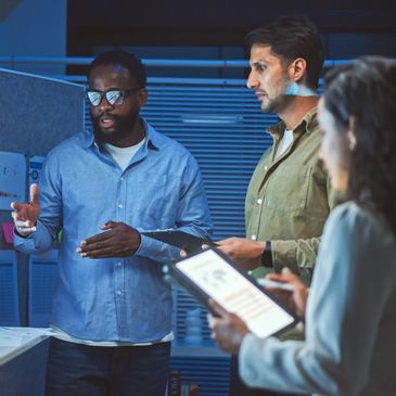 A team analyzes data on a large screen during a meeting.