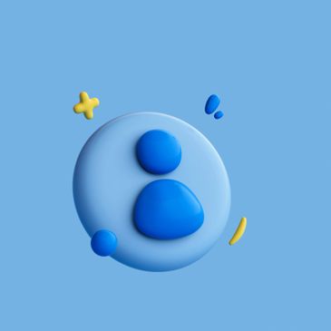 3D blue user icon on a light blue background with yellow and blue decorative shapes.