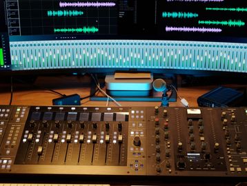 Audio mixing console and microphone in a music studio setup.