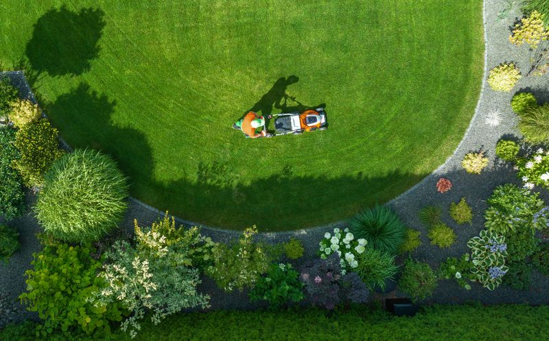A person mows a well-maintained lawn, encircled by colorful plants and flowers in a residential yard.