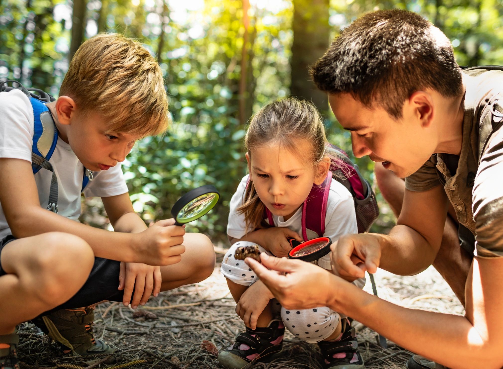 The Early Years Movement | Male Teacher and pupils on a School Trip in woods with magnifying glasses