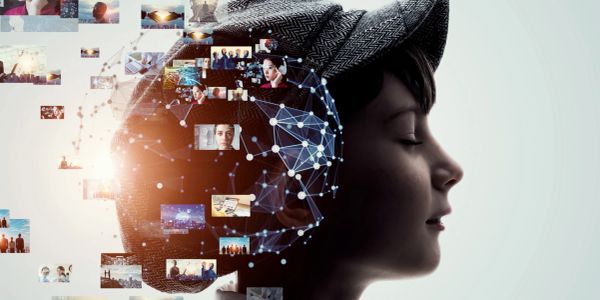 Profile of a person with digital images and network visualization.