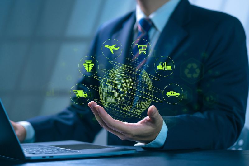 Businessman using computer with icons about green transportation, eco-friendly transportation and eco-friendly transportation industry analysis.