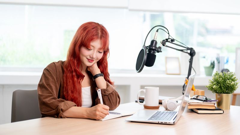 A beautiful Asian female podcaster is focusing on reading and adjusting the script for the new podcast episode while working in the studio.