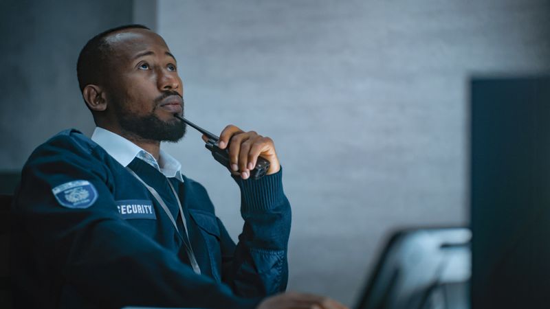 African American security officer or dispatch in uniform uses tablet computer and walkie talkie, looks at screens working in monitoring center during night shift. Surveillance and CCTV system concept.