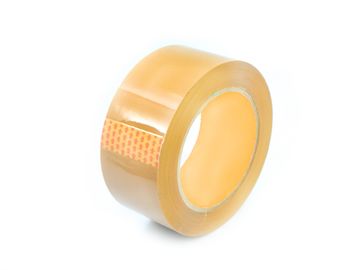 A roll of brown packing tape with an orange arrow label.