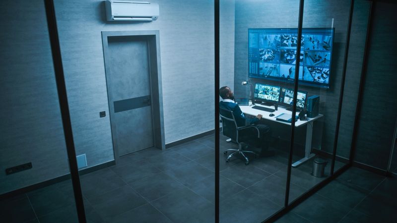 African American CCTV operator works on computer watching security cameras in office. Surveillance footage on multiple monitors and big digital screen.