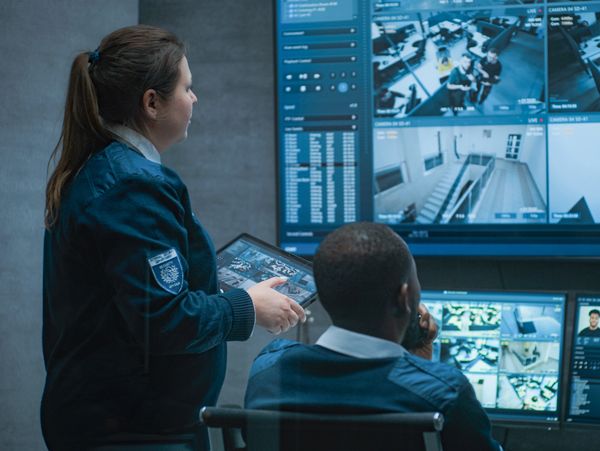 Two security personnel monitoring surveillance footage in a control room.