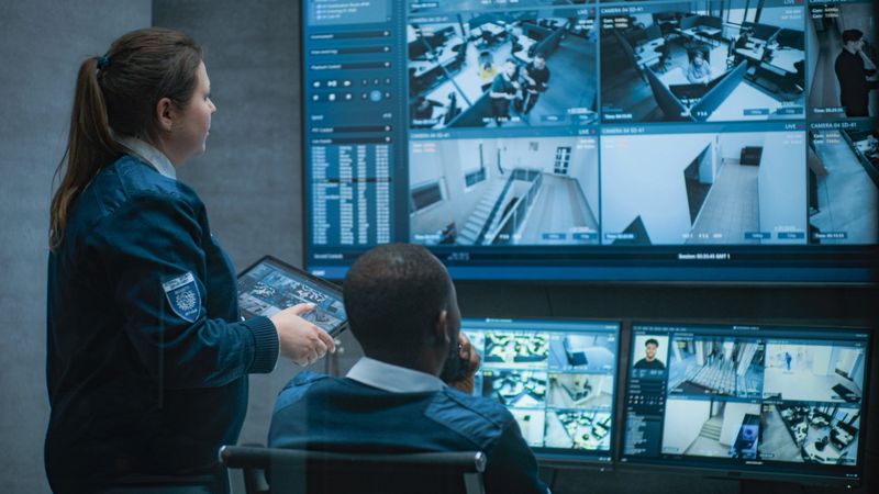 Female security worker talks with African American colleague, uses tablet. Multiethnic CCTV operators control security cameras on computer monitors and big digital screen with surveillance footage.