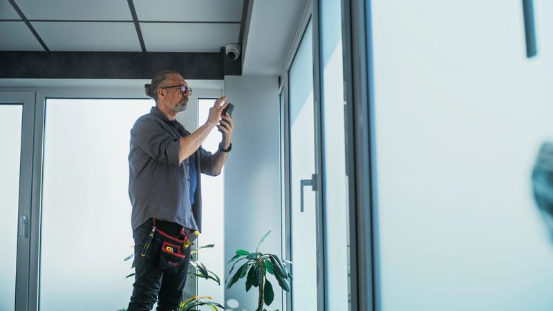 Male mature installer in uniform adjusts security camera in office room using professional application on mobile phone. Monitoring and tracking system. Surveillance system, CCTV and privacy concept.