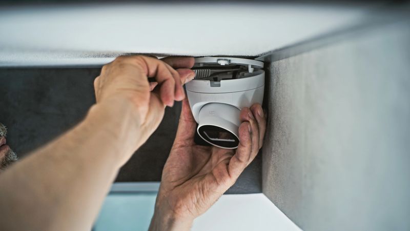 Professional male installer screws CCTV camera to the ceiling in office room using screwdriver tool and adjusts the angle. Monitoring and tracking. Video surveillance, security system, and privacy.