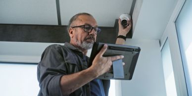 Man installing a security camera indoors.