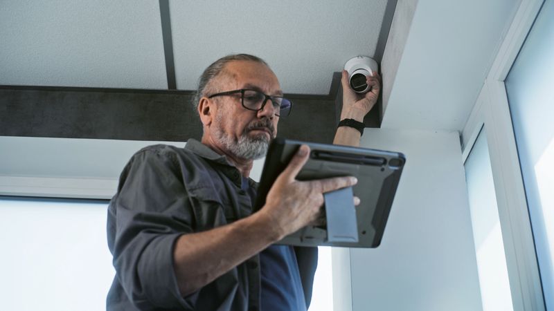Male mature installer in glasses sets up CCTV camera in office room using professional program on tablet computer. Monitoring and tracking system. Surveillance system, security and privacy concept.