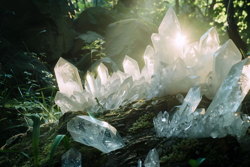A closeup shot of meditative quartz and stones sparkled by the sunlight in the woods