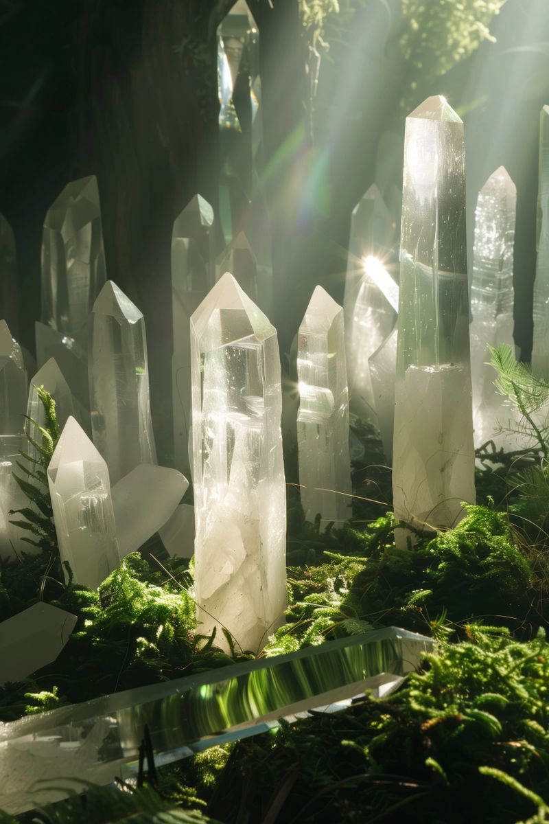 A closeup vertical shot of meditative quartz and stones sparkling under the sunlight in the woods, with blurred natural background