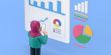 3D illustration of a woman analyzing charts and graphs on a digital screen.