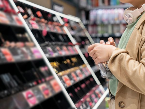 Person shopping for makeup products in a store aisle.