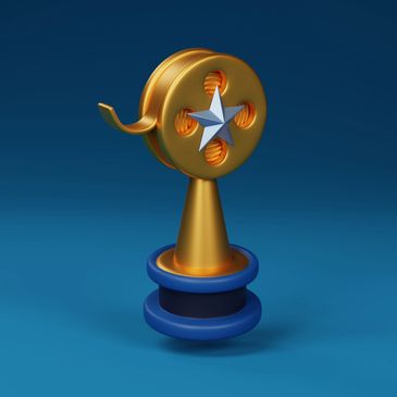 Golden fishing reel trophy with a silver star on a blue base.
