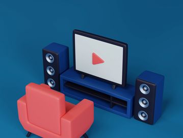 3D illustration of a cozy home theater setup with red chair and large speakers.