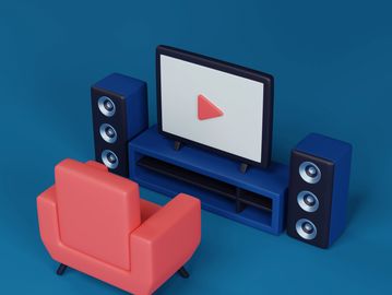3D illustration of a cozy home theater setup with red chair and large speakers.