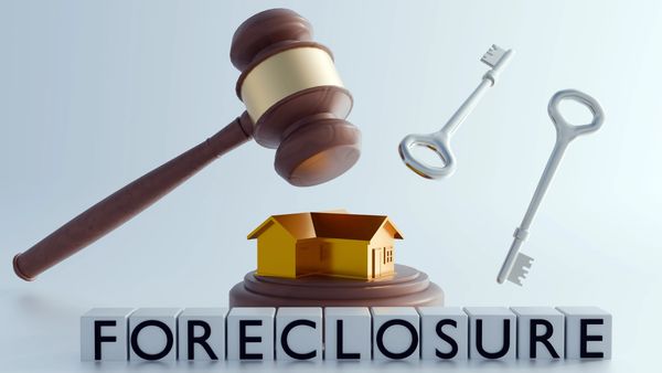 Gavel, keys, and house with foreclosure text.