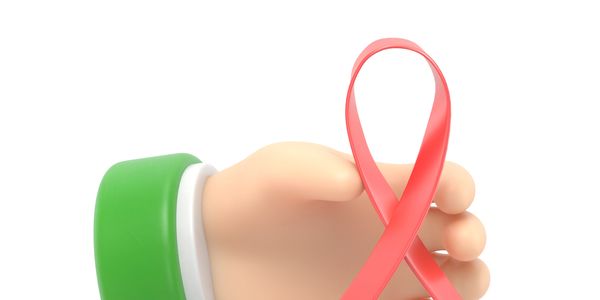 3D hand holding a pink AIDS awareness ribbon.