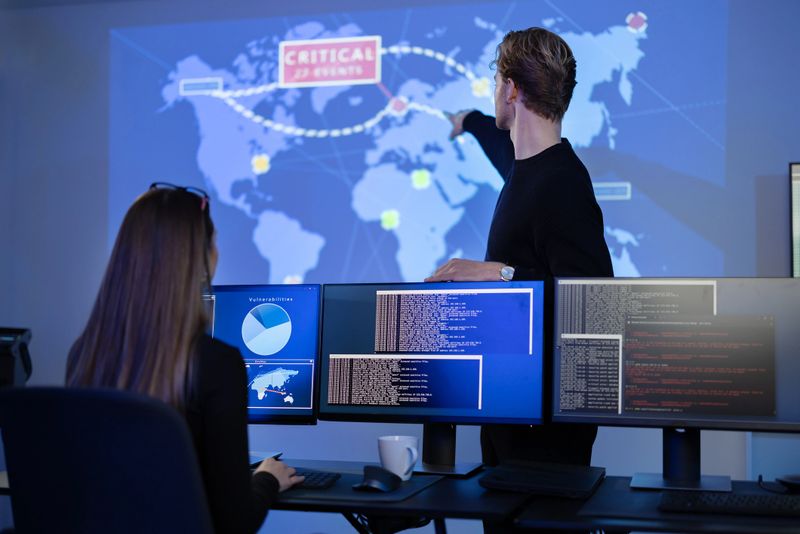 Close-up of a cyber security team protecting systems from security breach in a Cyber Security Operations Center (SOC). One Chief Information Security Officer (CISO) and manager pointing on a map.