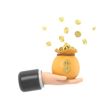 3D hand holding a bag of money with coins falling out.