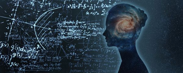 QWISE AI cognition visual—silhouette with galaxy brain overlay studying complex math formulas 