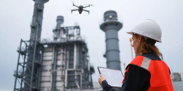 Engineer uses a drone and tablet for industrial site inspection.