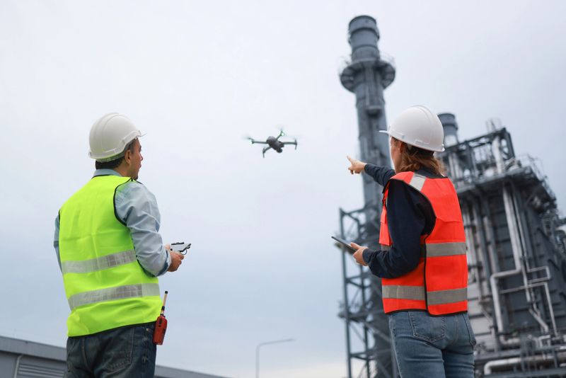 The thermal power plant engineers team utilizes technology for the inspection and surveying of a thermal power plant. Surveyors and exploration teams deploy high survey instruments to observe the power plant and assess its security measures.