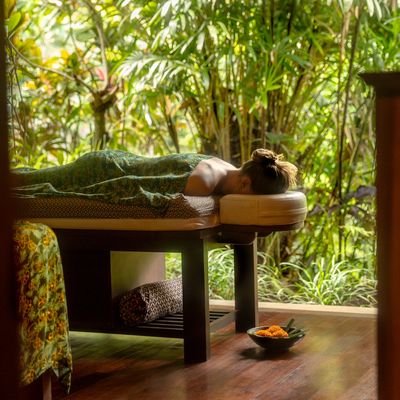 Person receiving a relaxing massage in a lush green spa setting.