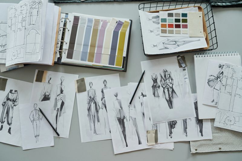 Top view of variety of drawn sketches of new trendy attire and sewing patterns, basket with textile samples and catalogue of swatches