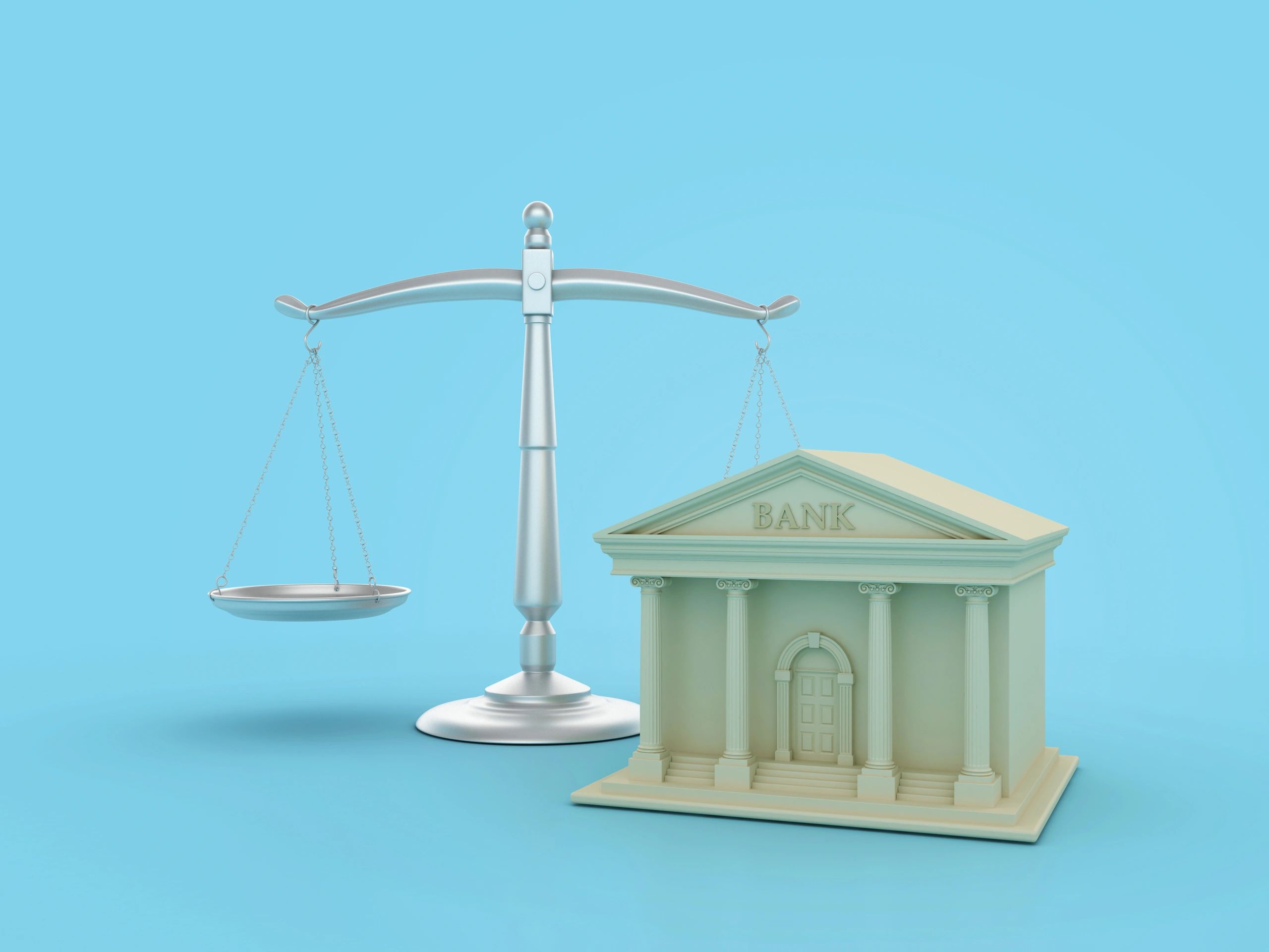 A bank with a scales of justice next to it.