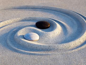 Black and white stones in sand ripples.