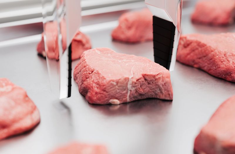 Automated robot arm putting down a piece of artificial meat on a tray. Part of a series images and videos of an innovative 3D printer is making artificial meat with sustainable resources in a biotech laboratory. Concept created in 3D.