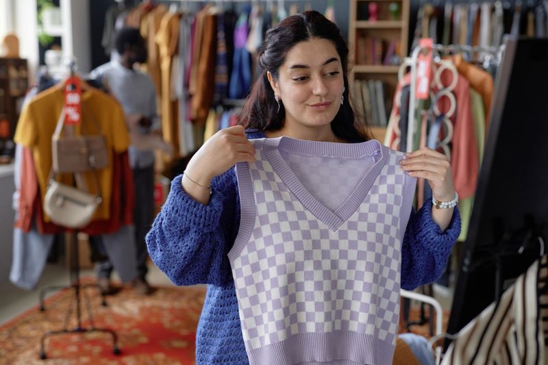 Waist up shot of young smiling Middle Eastern woman trying vintage sweater vest while shopping at second hand store, copy space
